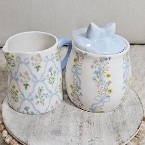 Blue Bows & Floral Creamer Pitcher And Matching Sugar Bowl Viral spring decor